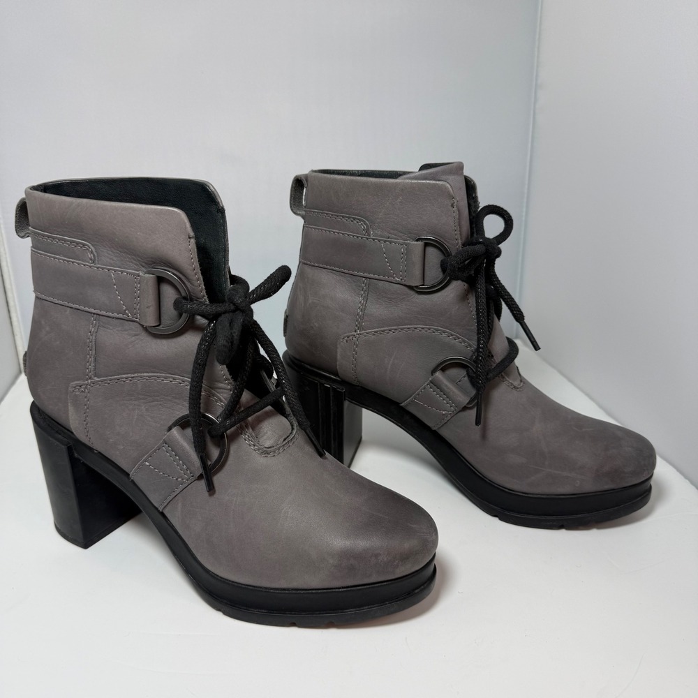 Sorel Margo Lace Waterproof Leather Ankle Boots Gray Block Heel Moto Grunge 8